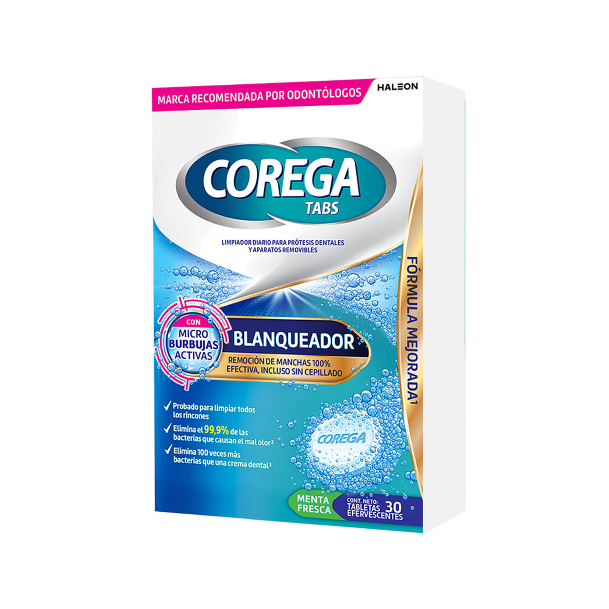 Tabletas limpiadoras para prótesis dentales Corega Tabs blanqueador 30 u.