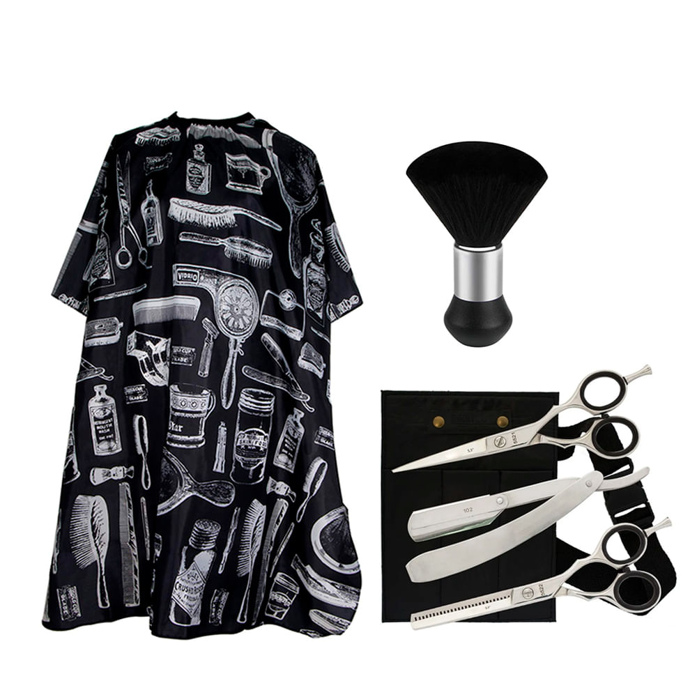 Set Peluquería Barbería Gadnic Tijera de Pulir Navaja + Capa de peluquería + Brocha