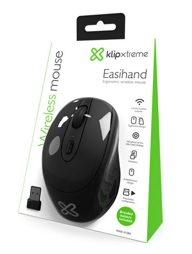 Mouse Klipxtreme ergonomico easihand ambidiestro 4 botones 2.4ghz negro sensor hd (kmw-410bk)