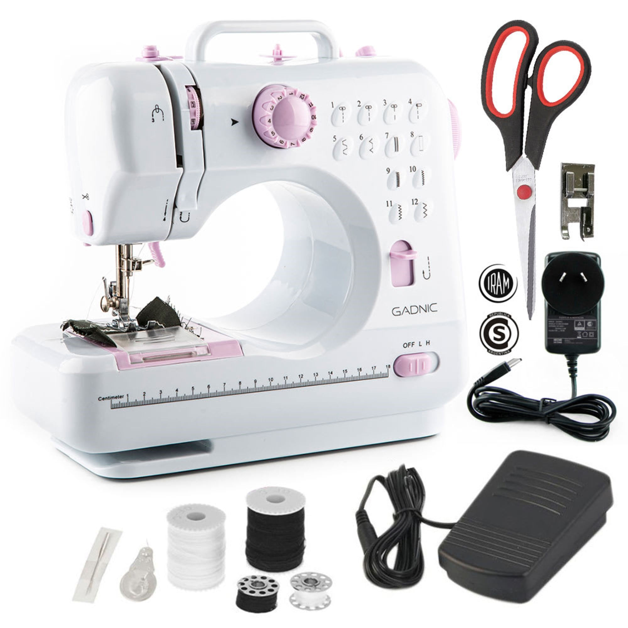 MáQuina De Coser Gadnic Sw3000 12 Puntadas Pie Falso Overlock PortáTil 2 Velocidades Luz Led Y Pedal