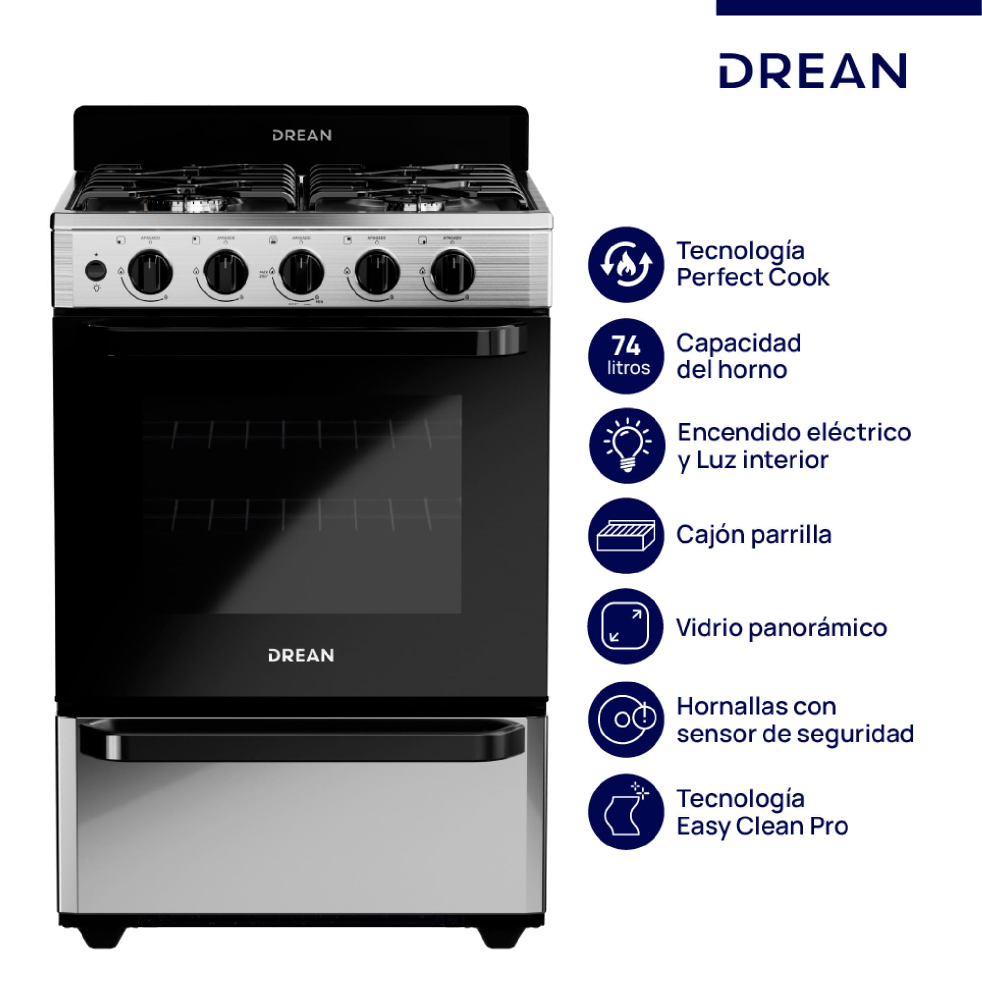 Cocina A Gas Drean 56 Cm Proclean Acero Inoxidable