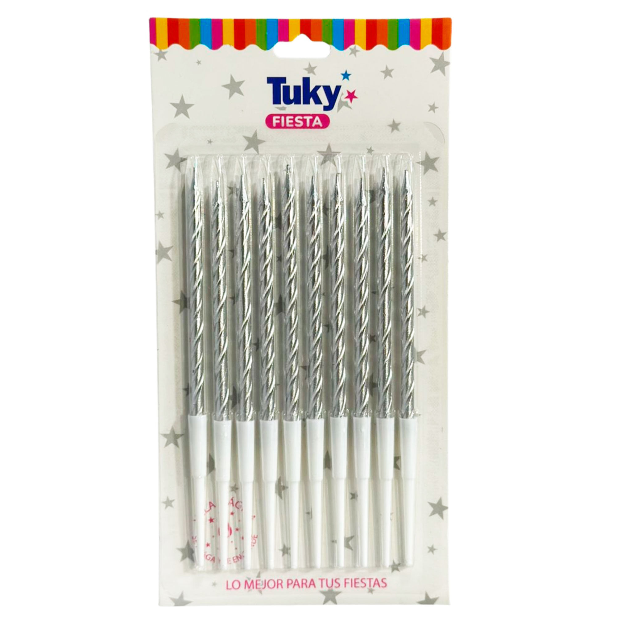 Vela Tuky metalizada torneada color plateado 10 uni