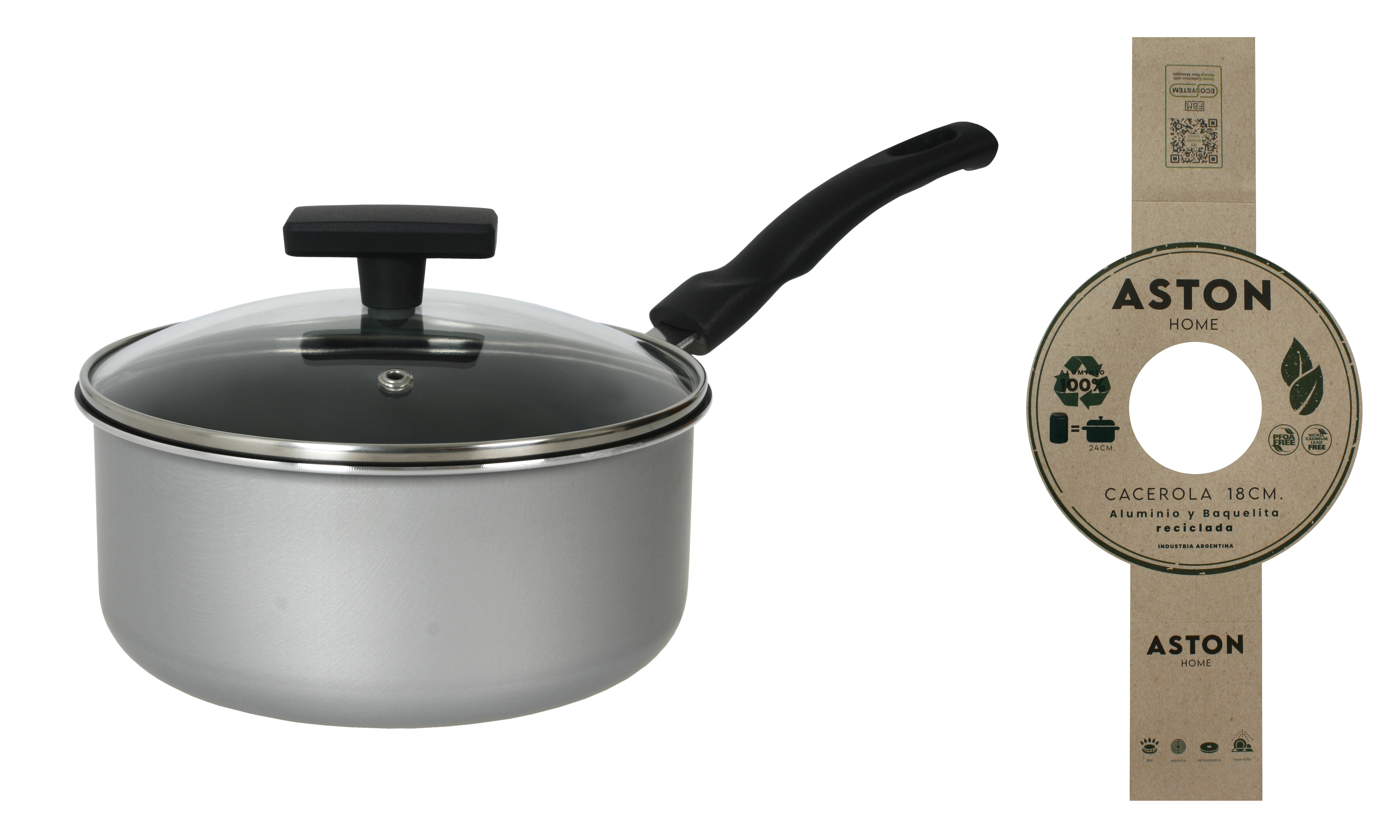 Cacerola 18 Cm Antiadherente Tapa Vidrio Aston Reciclada