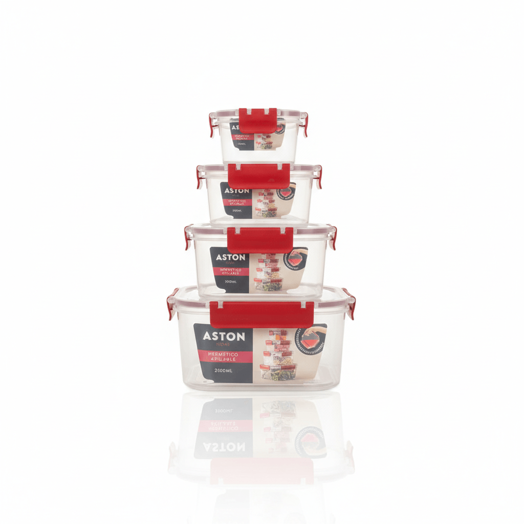 Set x 4 Tapers Herméticos Apilables Antiderrame Cuadrados Rojos