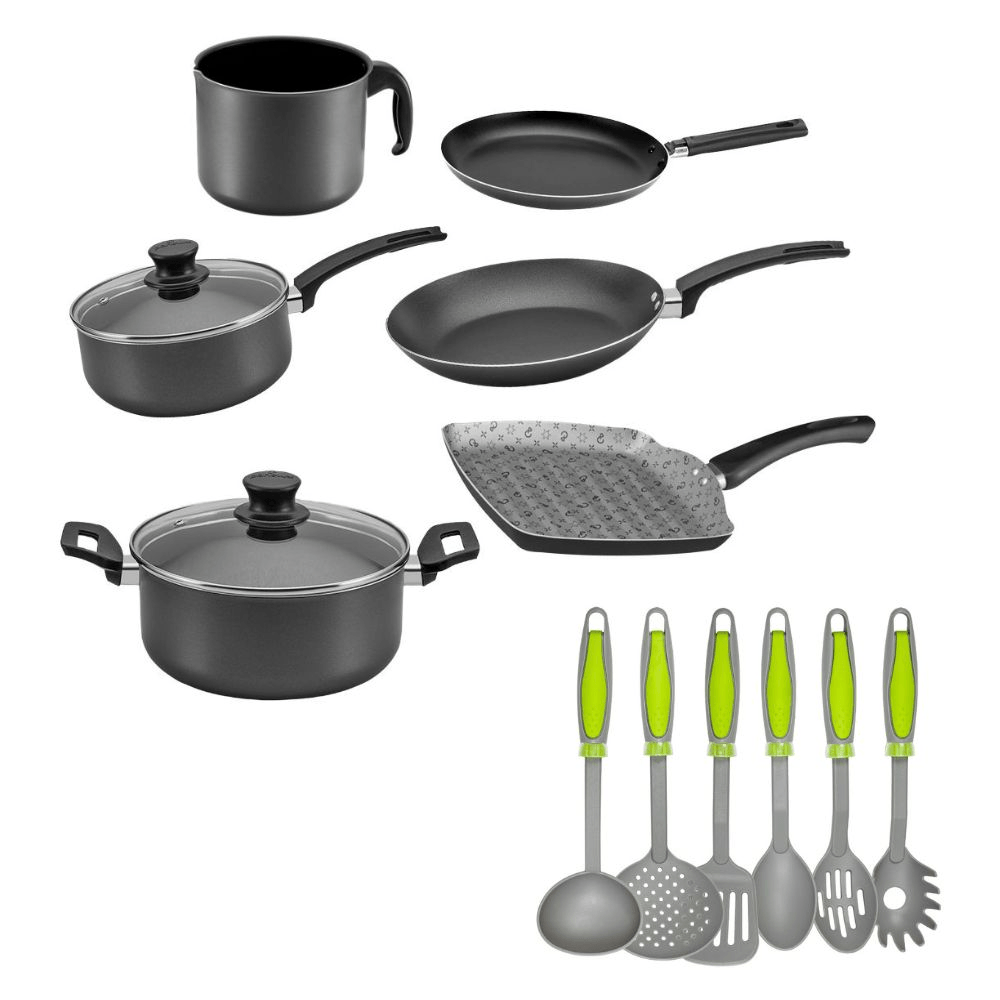Batería De Cocina Con Utensilios Verdes 14 Piezas
