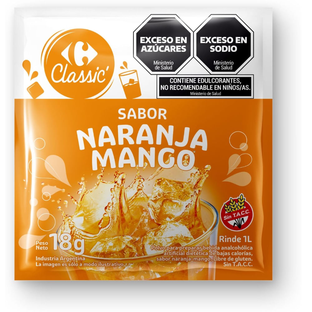 Jugo en polvo Carrefour classic sabor naranja mango 18 g.