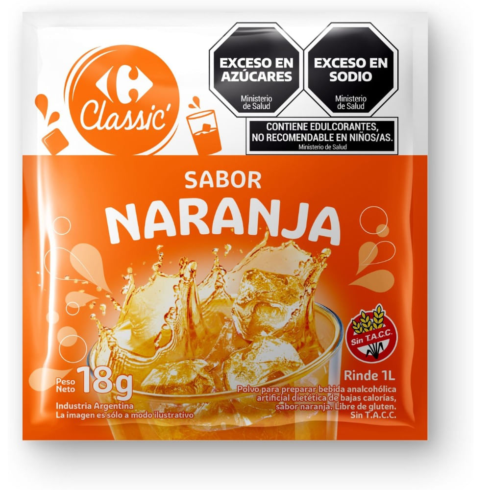 Jugo en polvo Carrefour classic sabor naranja 18 g.