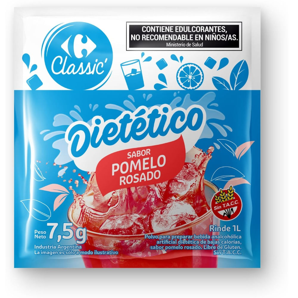 Jugo en polvo diet Carrefour classic sabor pomelo rosado 7.5 g.
