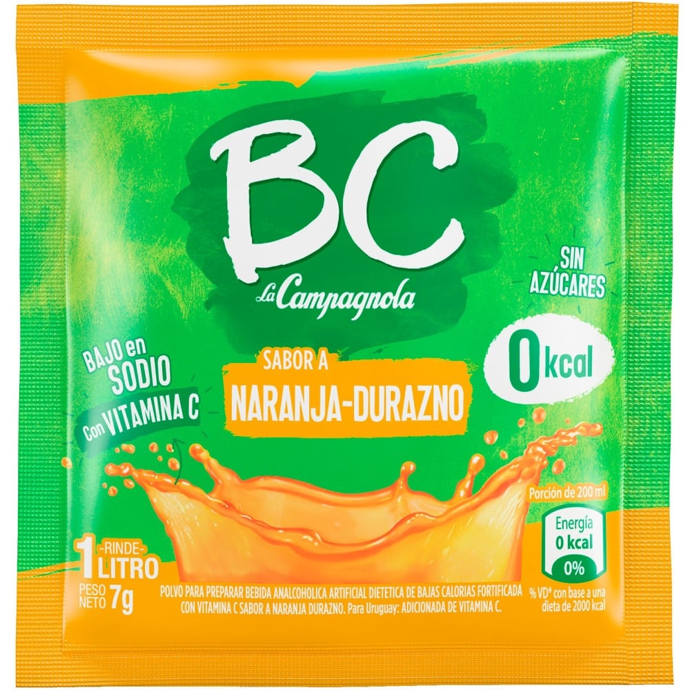 Jugo en polvo BC La Campagnola naranja durazno 7 g.