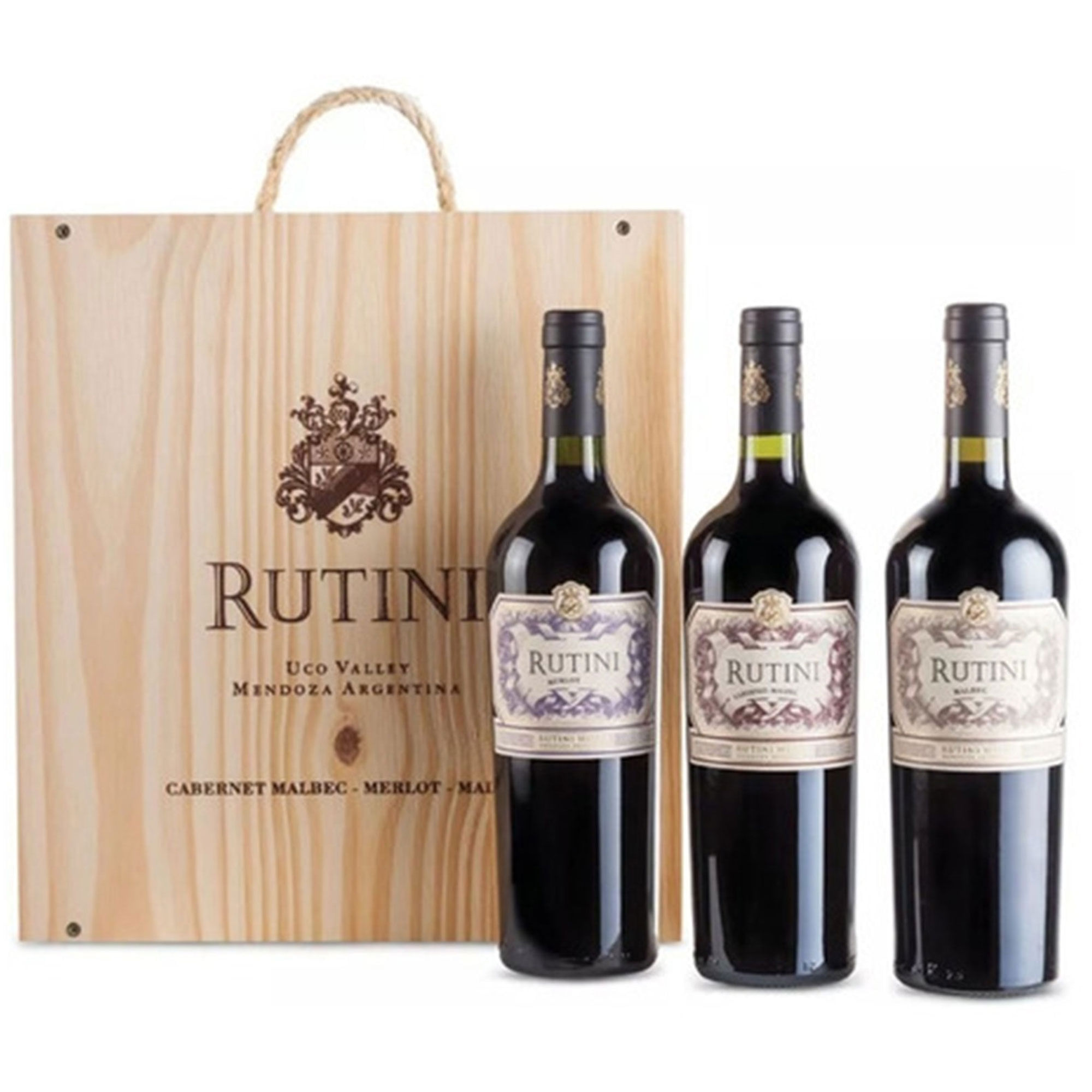 Estuche vino tinto Malbec + Merlot + Cabernet Malbec Rutini 750 ml x3 uni