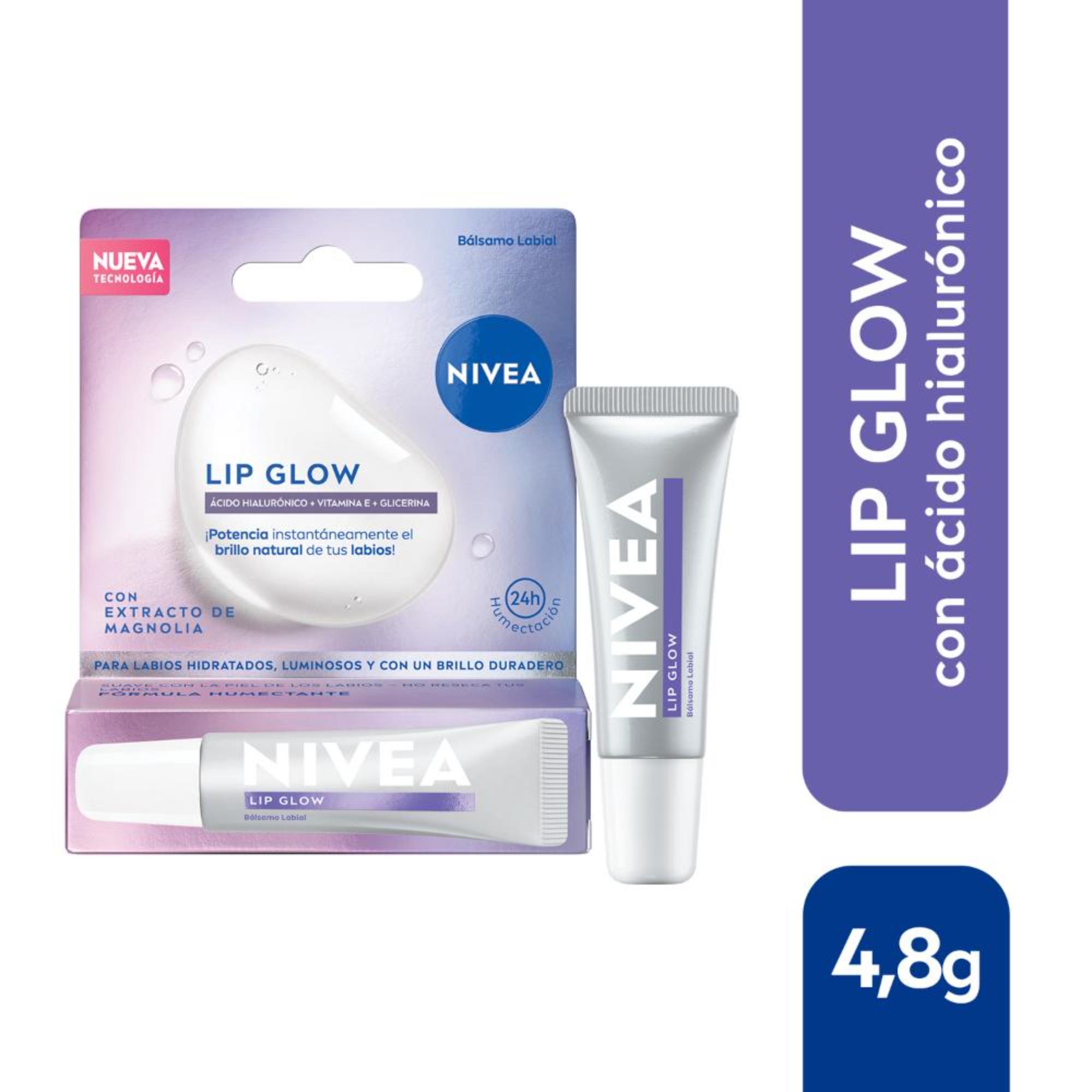 Bálsamo labial humectante Nivea Lip Glow con ácido hialurónico 4.8 grs