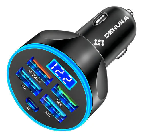 Cargador Auto X5 Digital Usb Celular + Usb C Carga Eficiente Color Negro