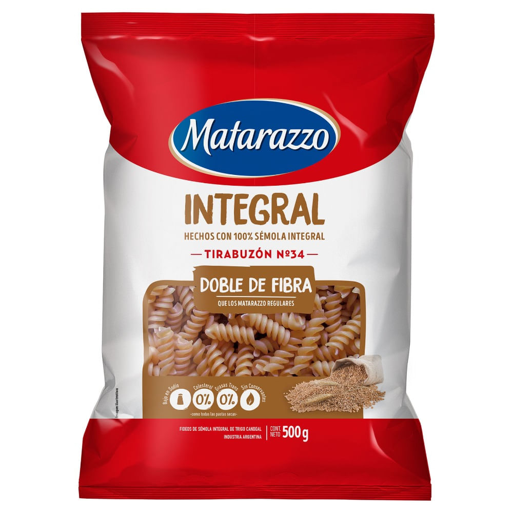 Fideos integrales tirabuzon Matarazzo 500 g.