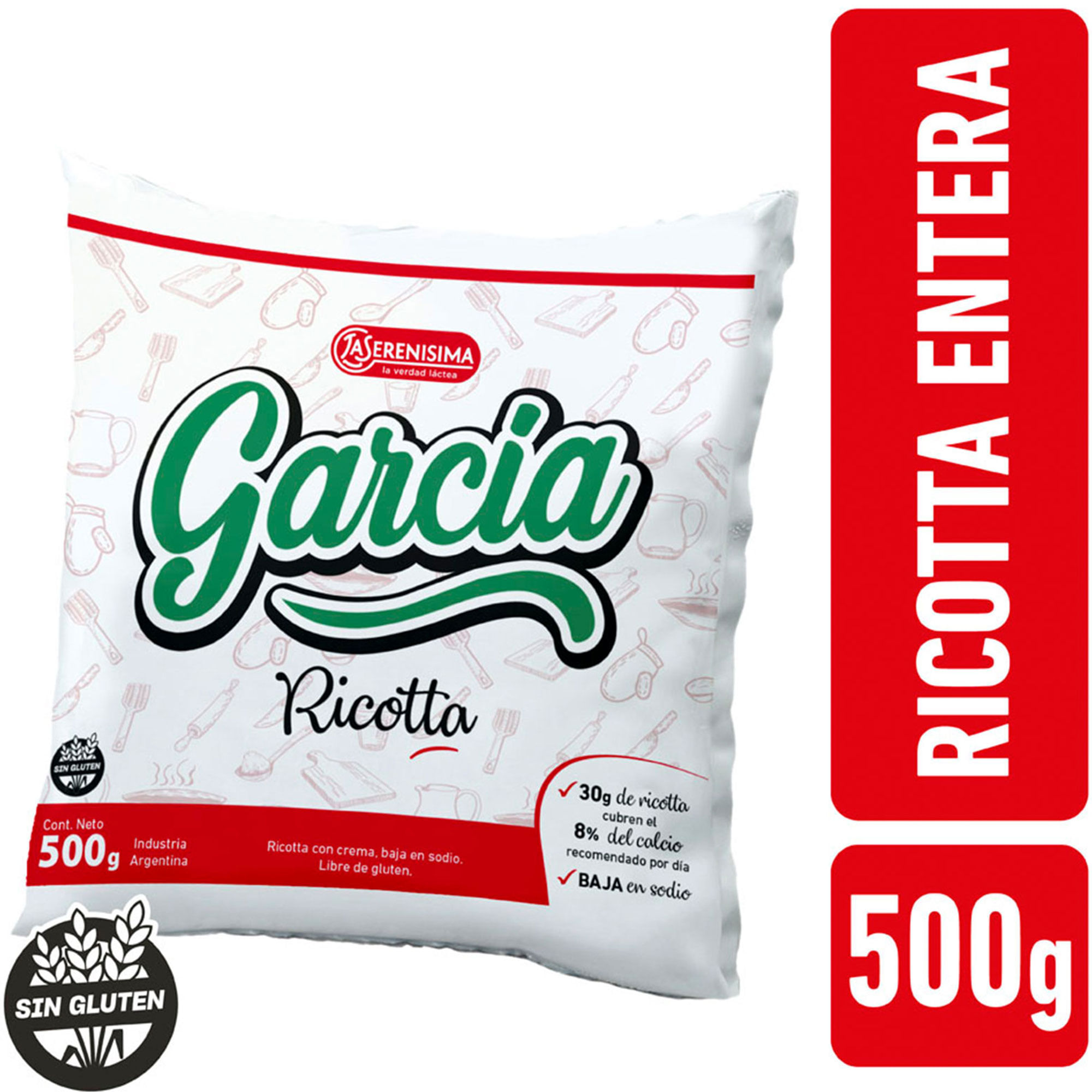 Ricotta entera García bajo sodio en sachet 500 g.