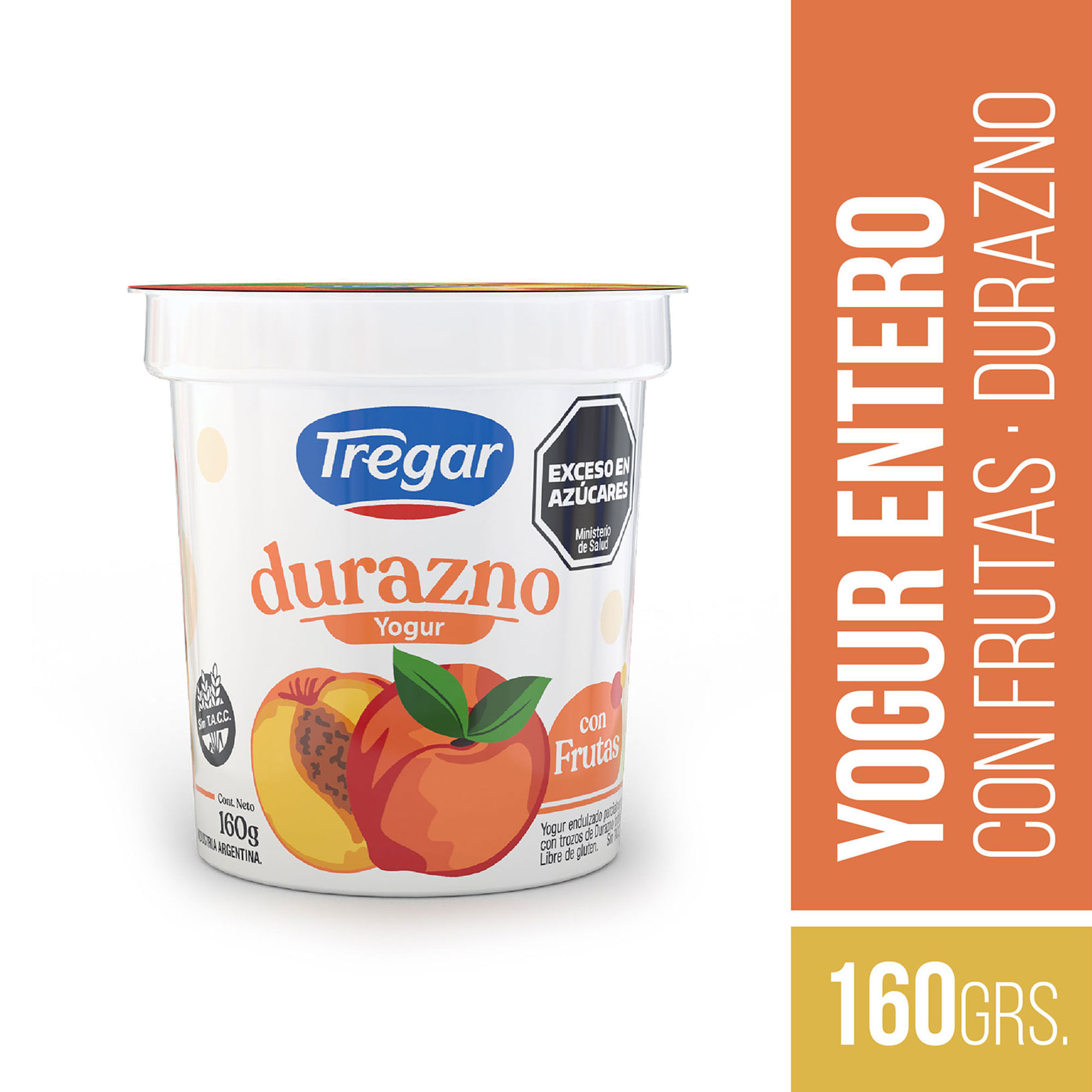 Yogur entero firme Tregar sin TACC con durazno 160 g.