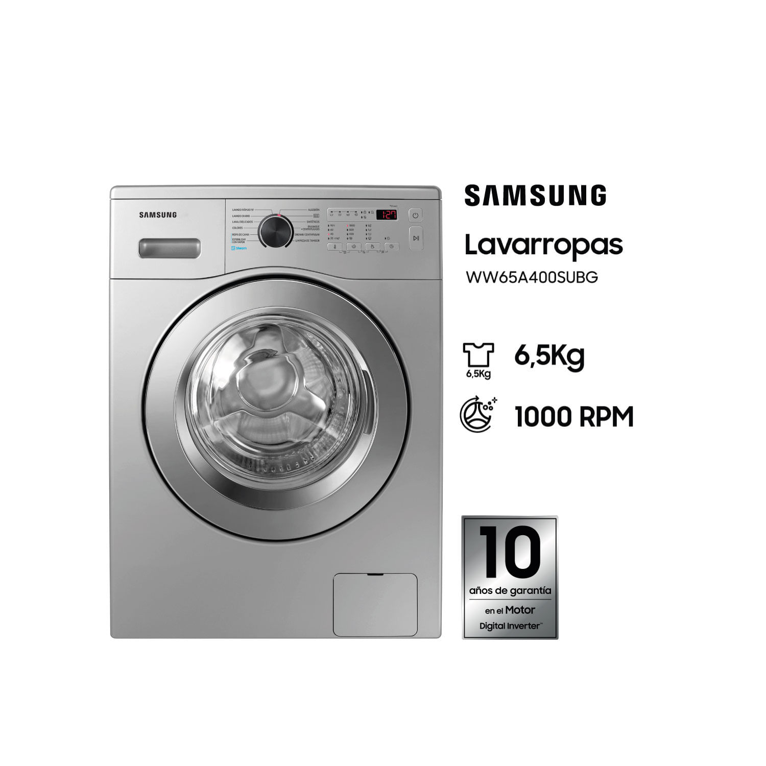 Lavarropas Automatico Carga Frontal Inverter Samsung 6.5 Kg Plata Ww65a4000su