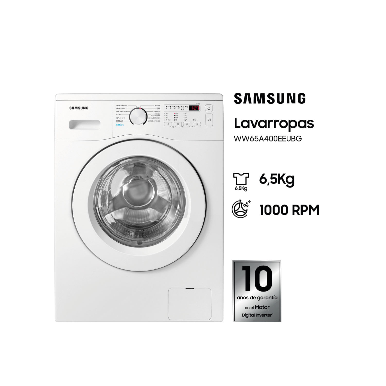 Lavarropas frontal inverter Samsung 6.5kg 1000 WW65A4000EEU blanco