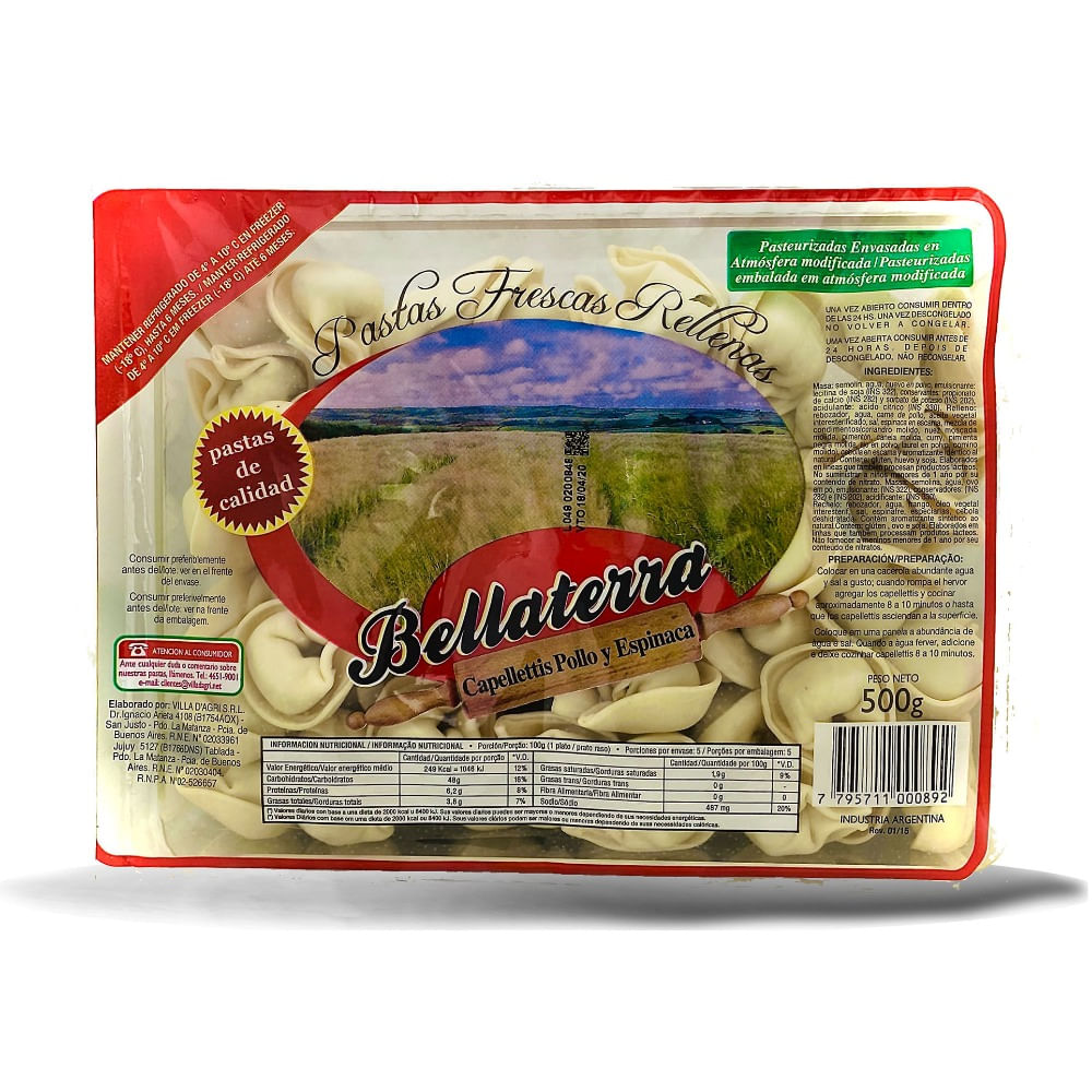 Capelletti Bellaterra pollo y espinaca 500 g.