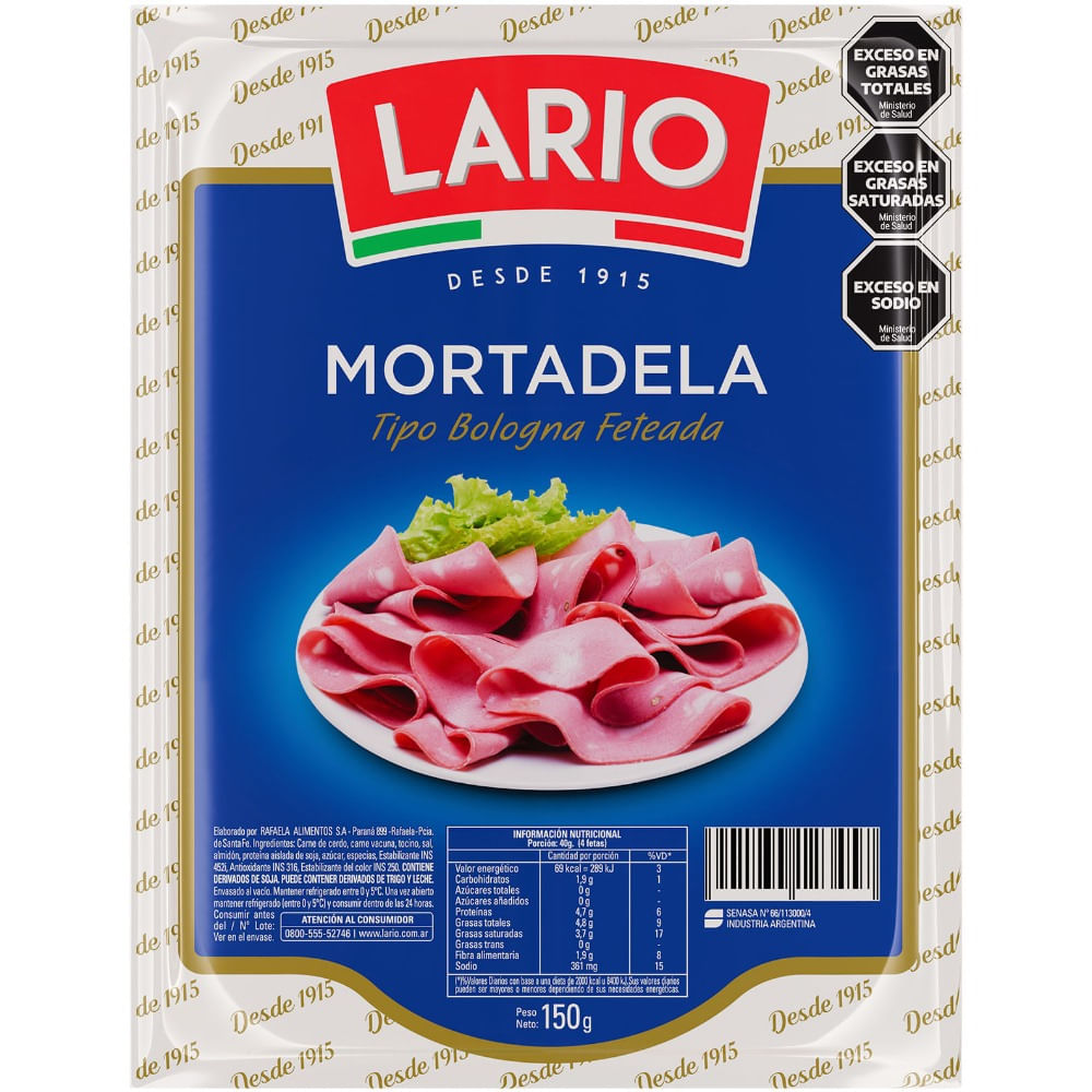 Mortadela tipo bologna Lario feteada 150 g.