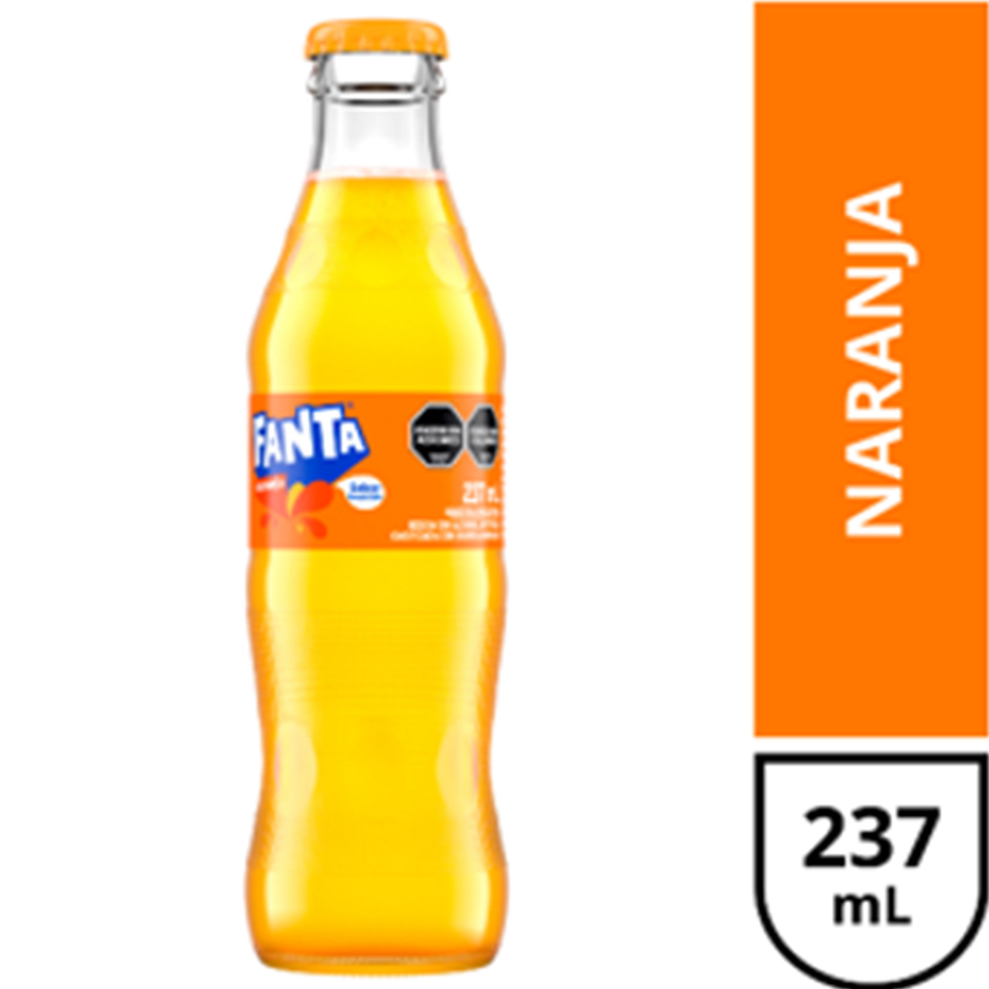 Gaseosa de naranja Fanta en botella de vidrio 237 ml