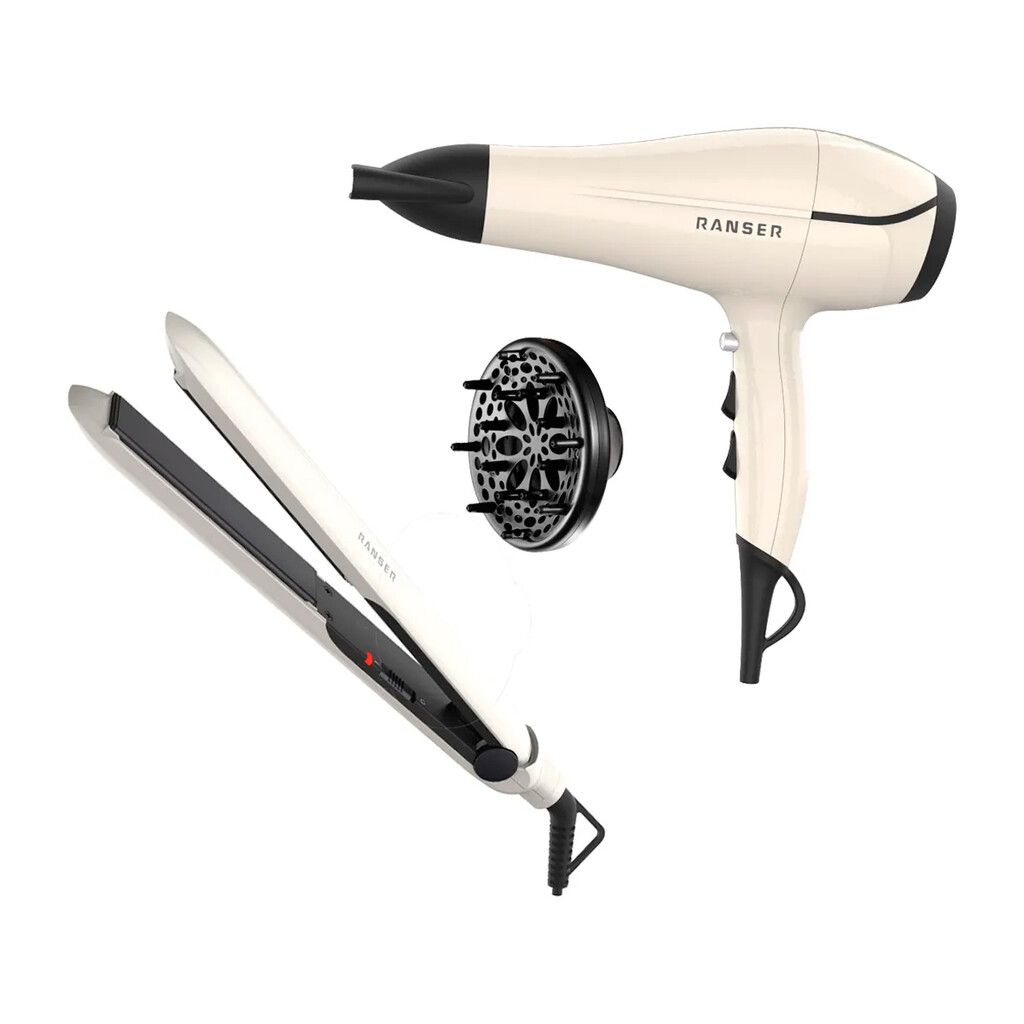 Combo Set Secador De Pelo 2000w Y Planchita Tourmaline Ceramic Ranser Blanco