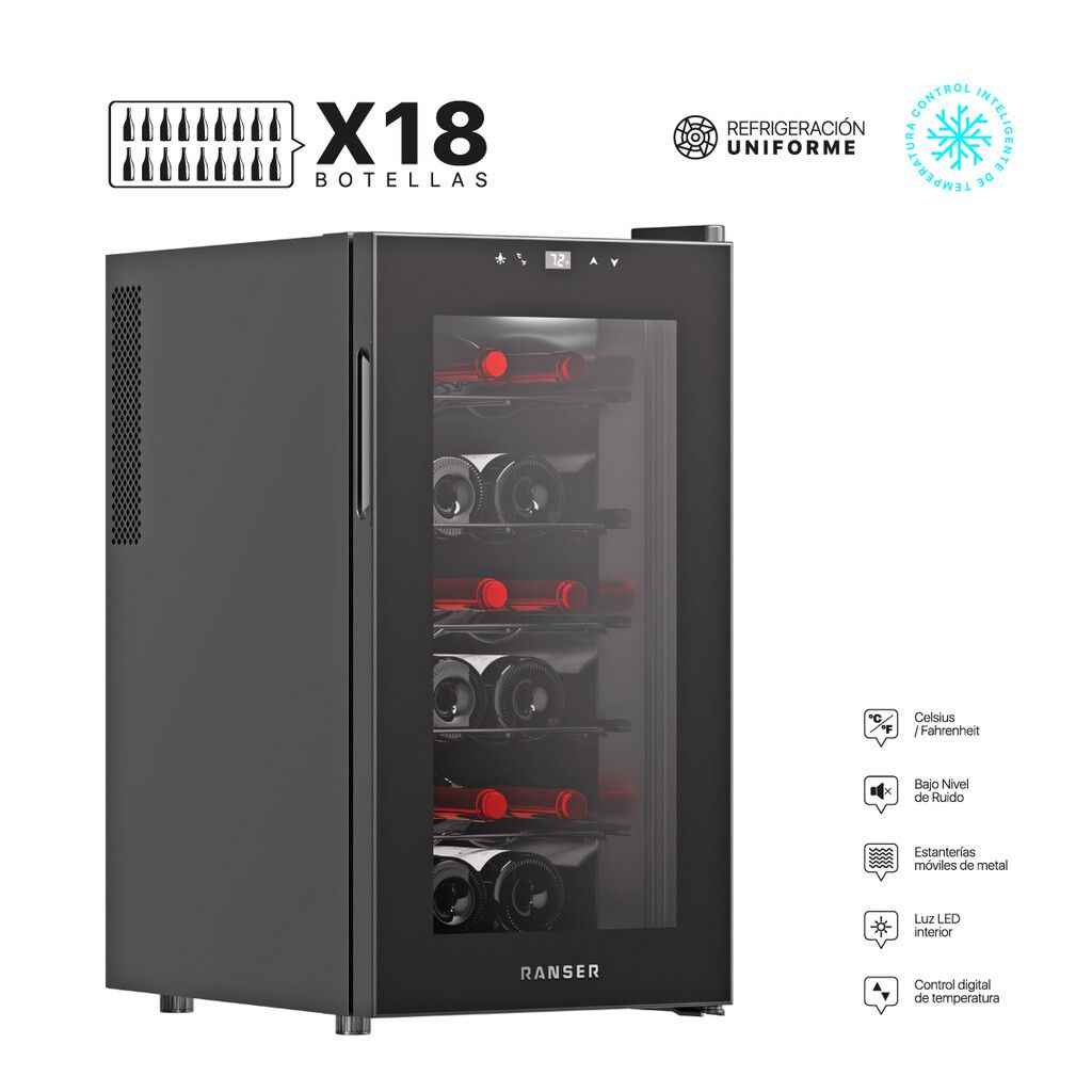 Cava de Vino Termoeléctrica 18 Botellas RANSER WC-7000 MENDOZA 11 °C a 18 °C Negro