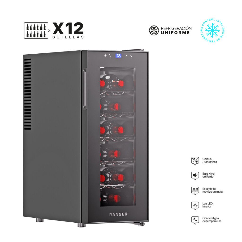 Cava de Vino Termoeléctrica 12 Botellas RANSER WC-1412 MAINZ 35Lts 5°C a 18°C Negro