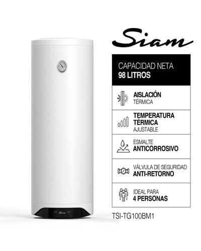 Termotanque EléCtrico Siam 100lts ConexióN De Agua Inferior Blanco Tsi-Tg100bm1