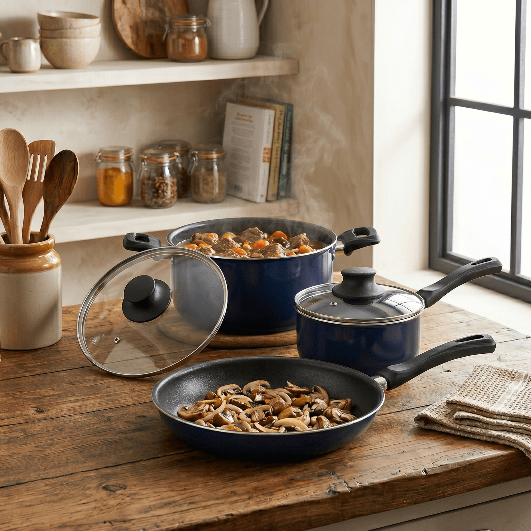 Batería Cocina Antiadherente 5 Piezas Olla Cacerola Sarten Tapa Aston