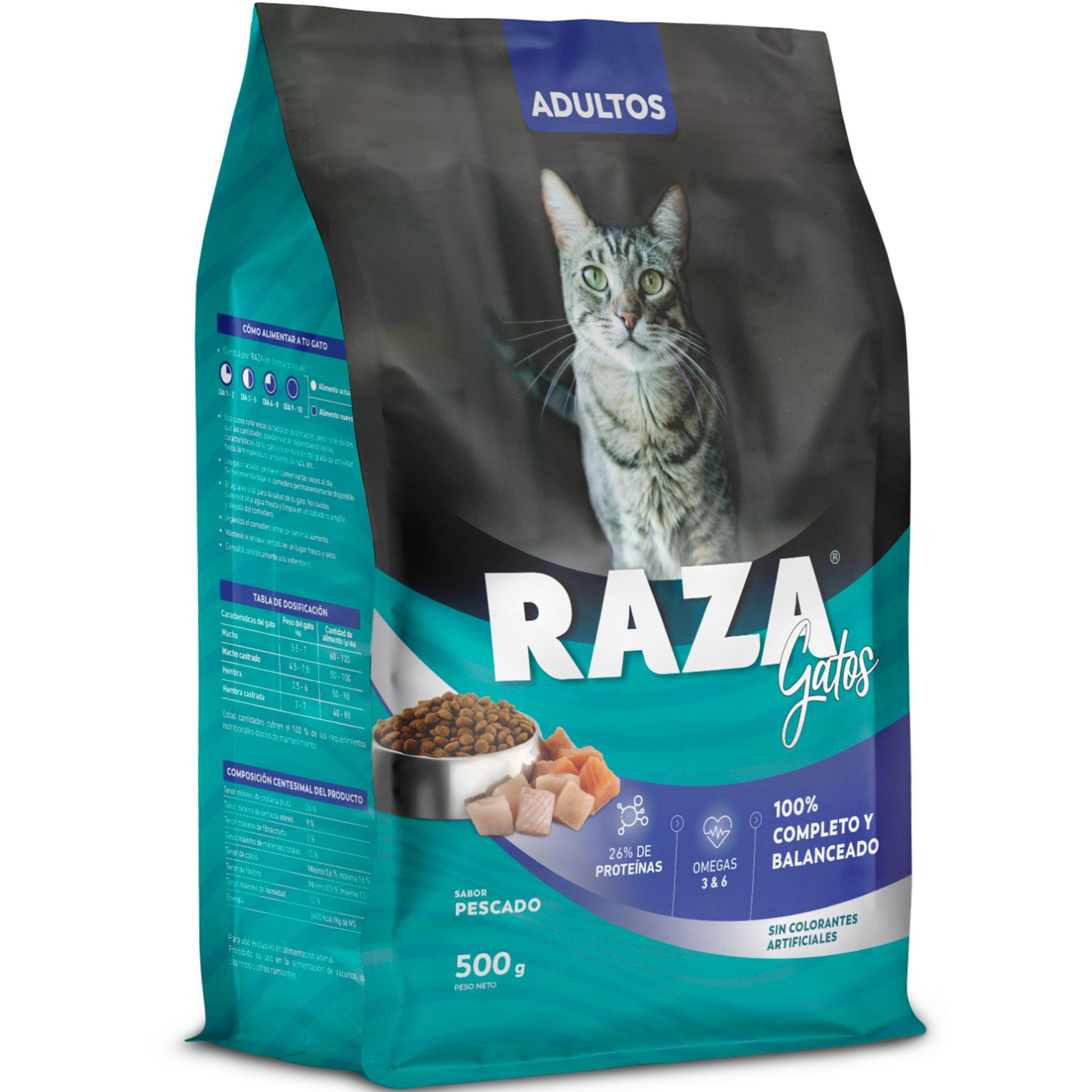 Alimento seco para gato Raza 500 g. pescado