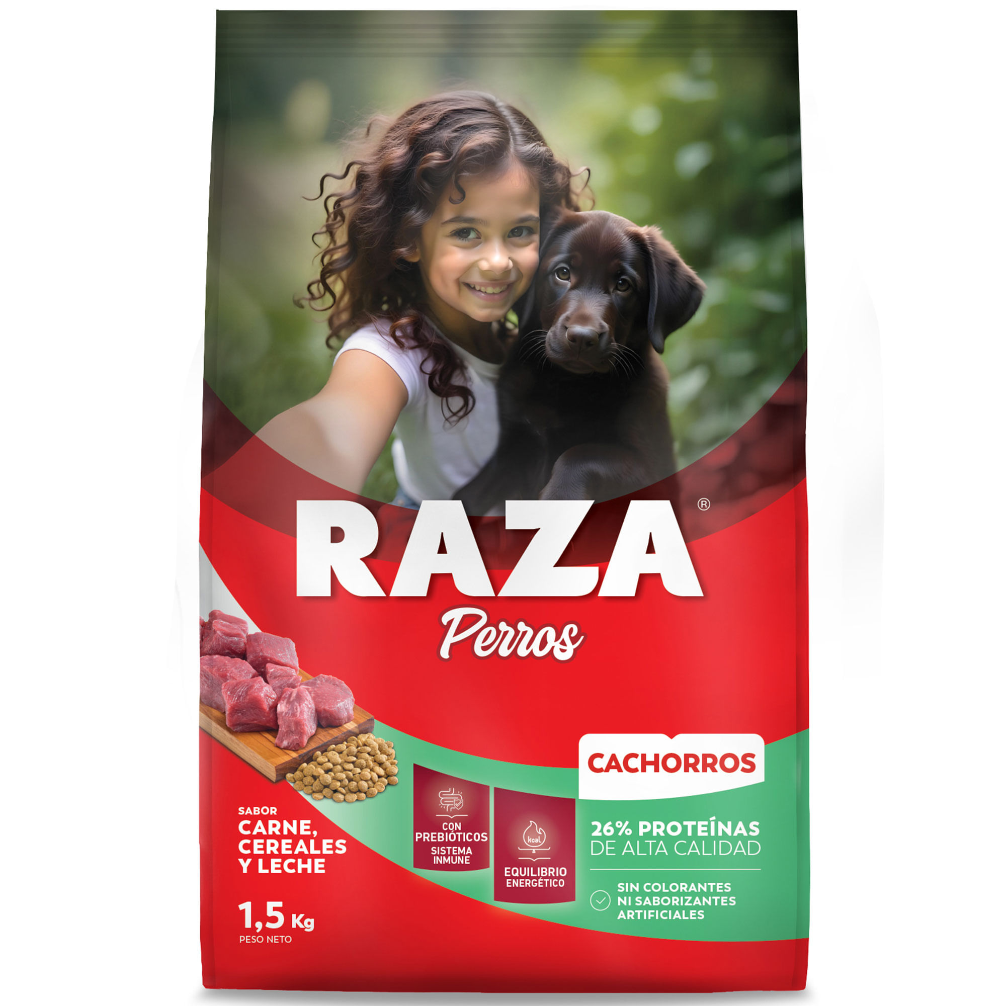 Alimento seco para perro Raza 1.5 kg. cachorros carne, cereales y leche