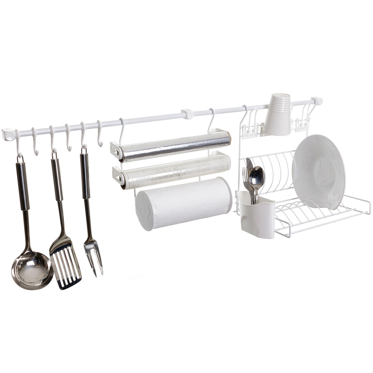 Escurridor Secaplatos Colgante Soporte para rollos y ganchos Metaltru Blanco Organizador