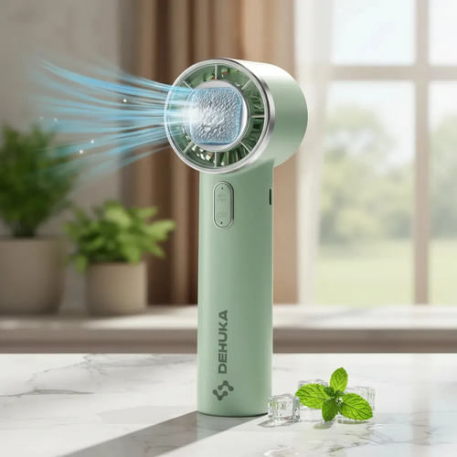 Ventilador Dehuka Portátil Verde: Refrigeración por Hielo, Compresión en Frío y Gancho. Mini de Mano Recargable. Potente