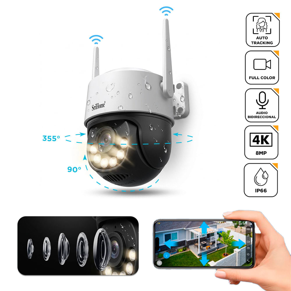 CáMara De Seguridad Wifi Exterior Srihome Sh072 8mp 4k Dual Wifi 24g 5g Lente 36mm Vision Nocturna Color Ip66 Audio Bidireccional Rotacion 360