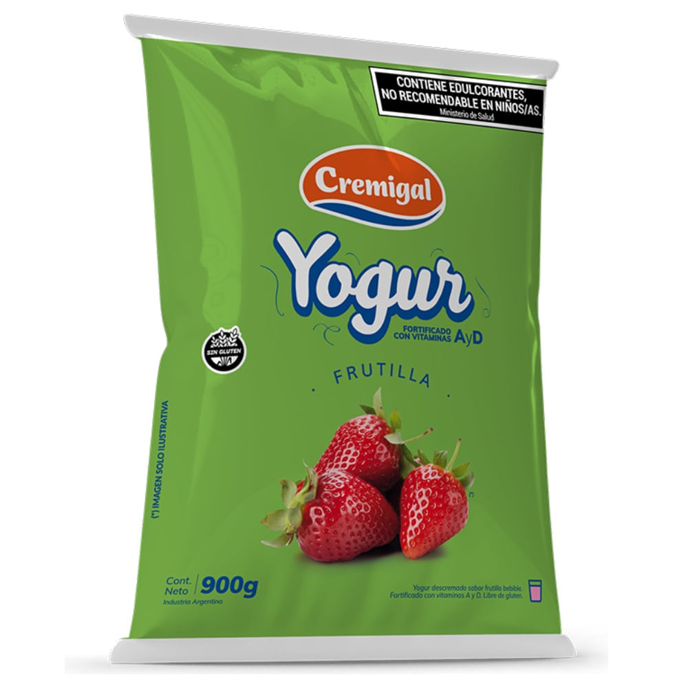 Yogur descremado Cremigal sabor frutilla en sachet 900 grs