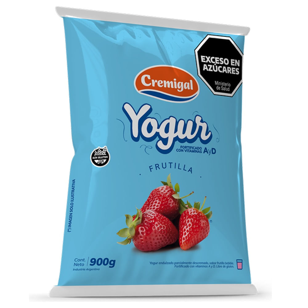 Yogur parcialmente descremado Cremigal sabor frutilla en sachet 900 grs