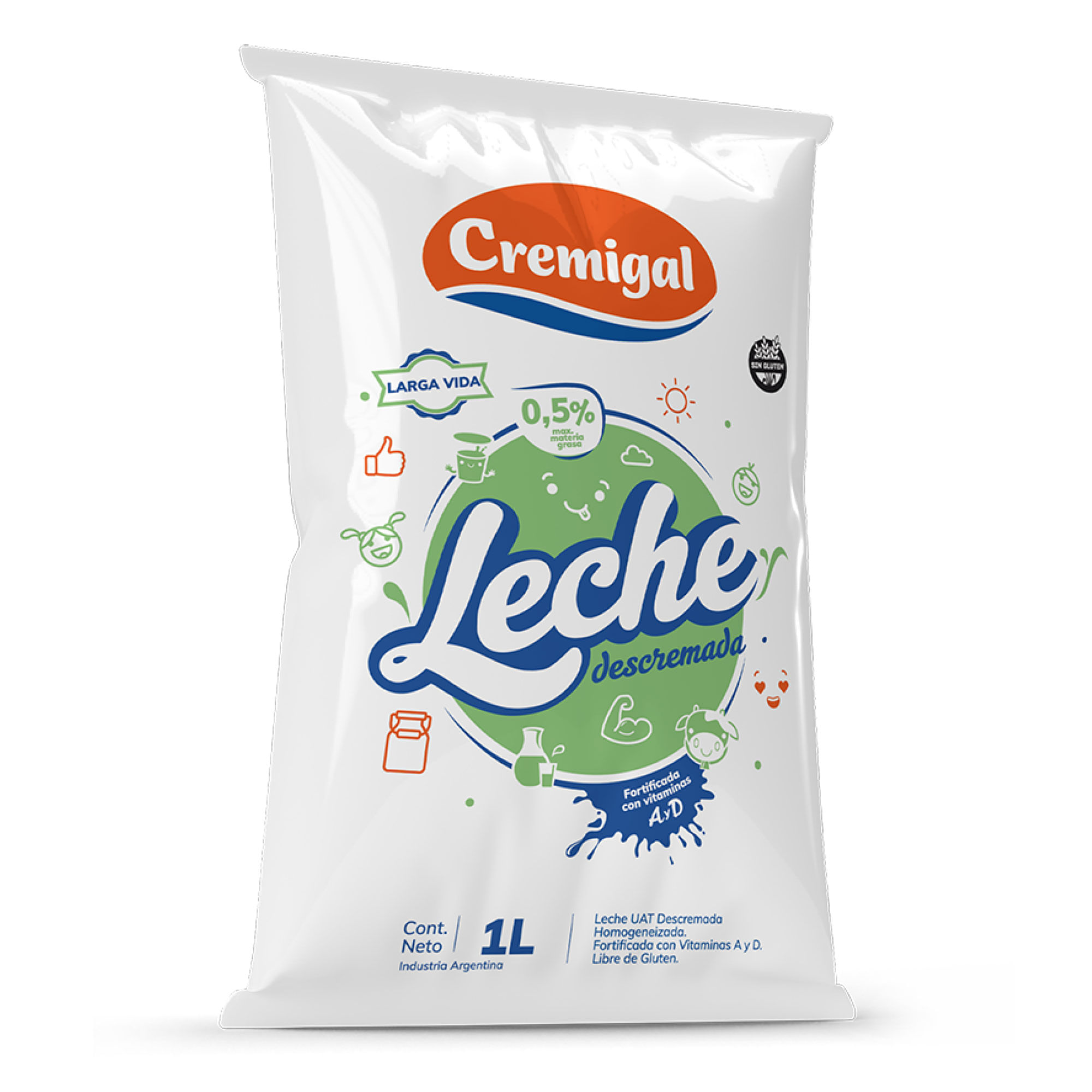 Leche descremada larga vida Cremigal en sachet 1 lt