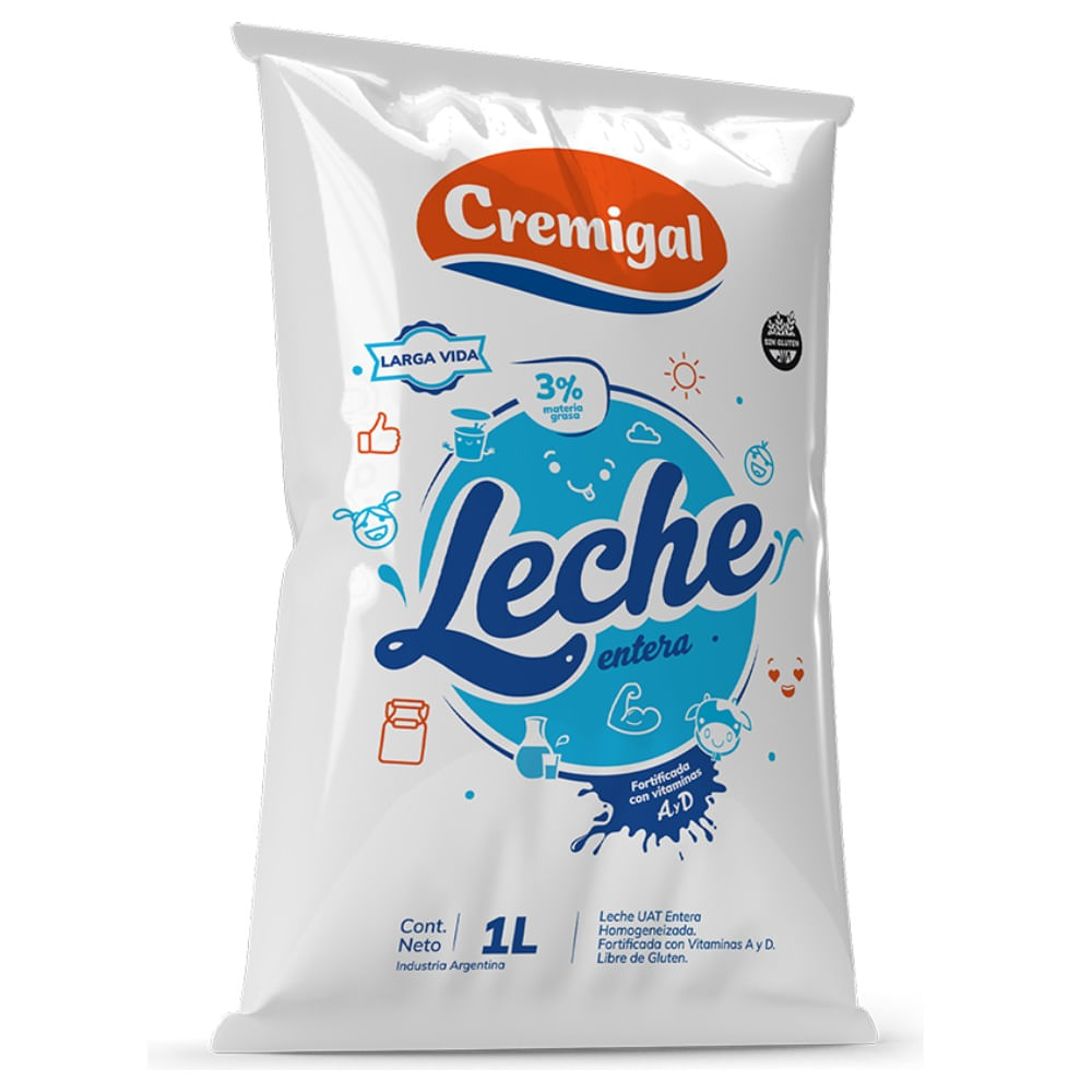 Leche entera larga vida Cremigal en sachet 1 lt