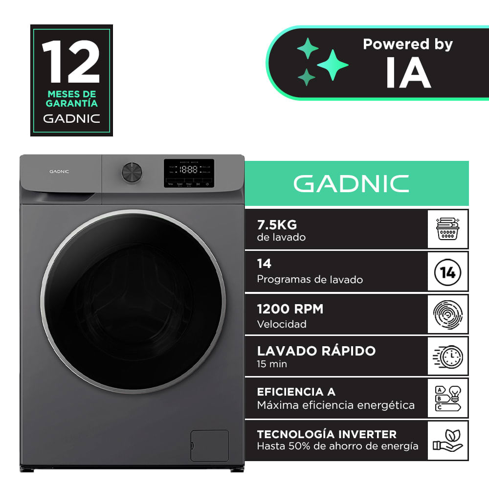 Lavarropas AutomáTico Gadnic 7.5 Kg Carga Frontal 14 Programas Inverter 1200 Rpm Gris Oscuro