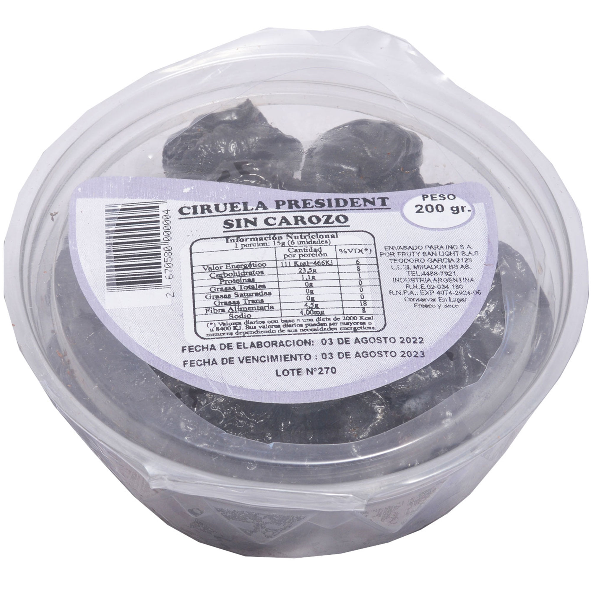 Ciruelas desecadas sin cáscara Presidente x 200 g.