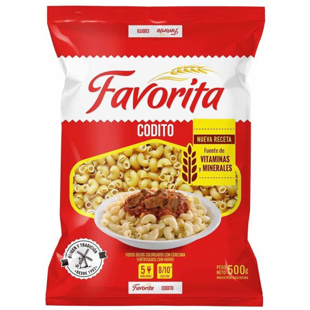 Fideos coditos rayados Favorita fortificado 500 g.