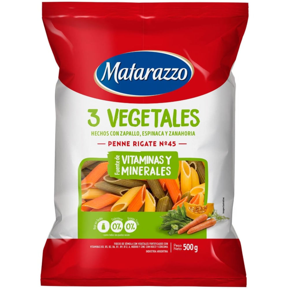 Fideos Matarazzo Penne Rigate 3 Vegetales 500 G