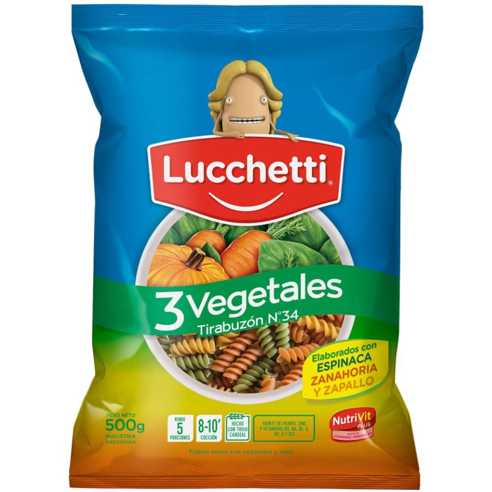 Fideos Lucchetti Tirabuzón 3 Vegetales 500 G