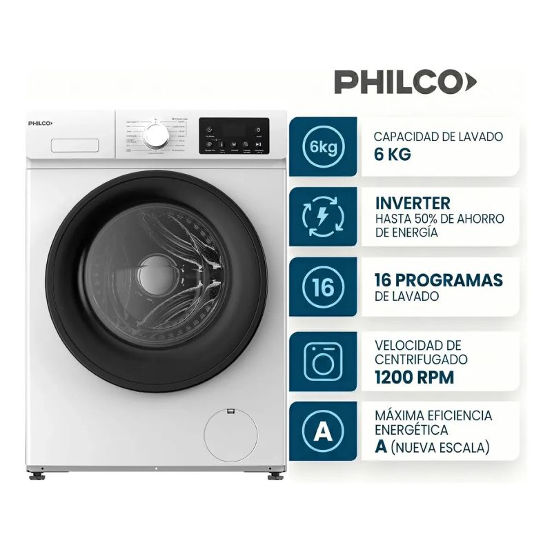 Lavarropas Carga Frontal Philco Inverter 6 Kg Blanco Phlf67bn