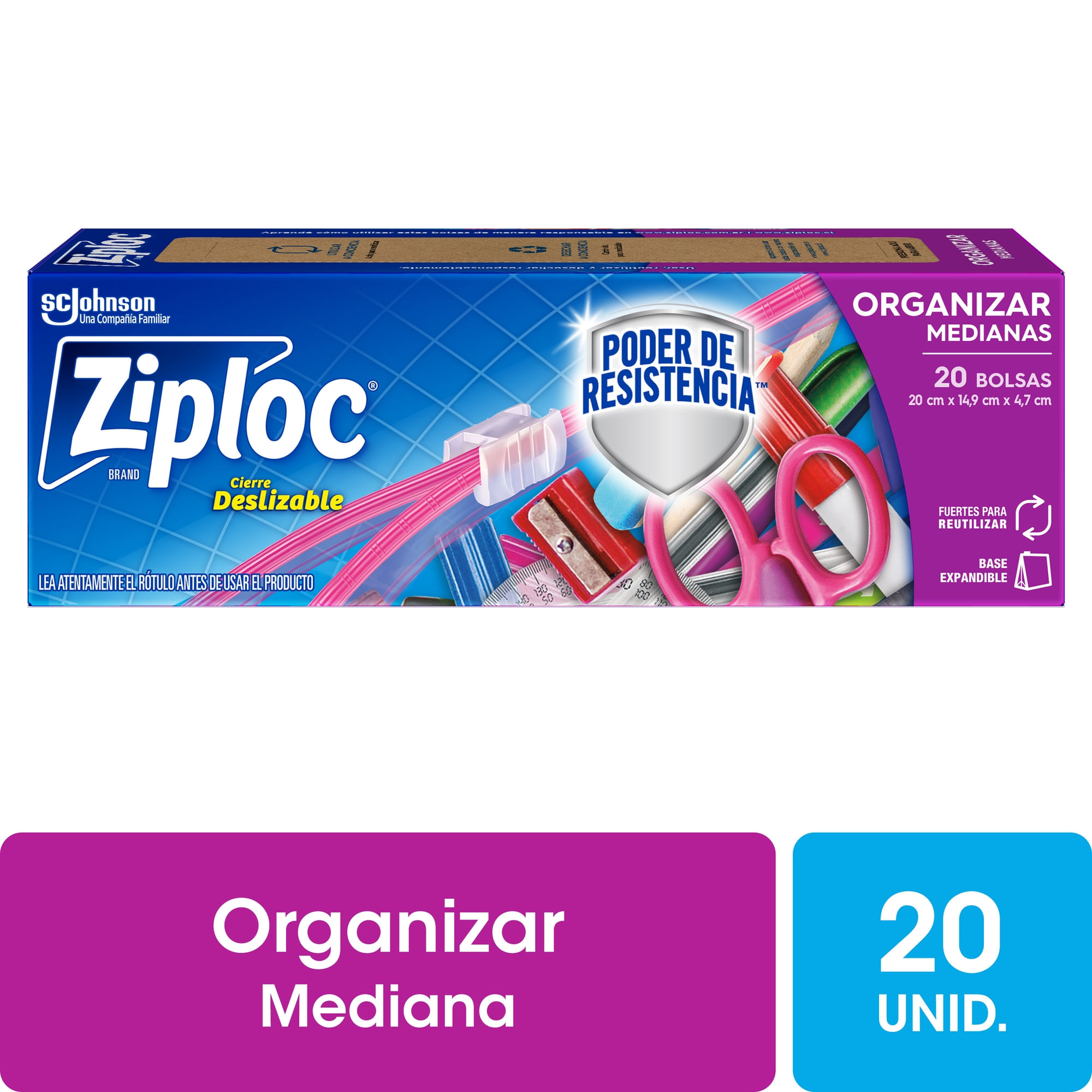 Bolsa hermética Ziploc organizar mediana con mayor resistencia cierre deslizable 20 uni