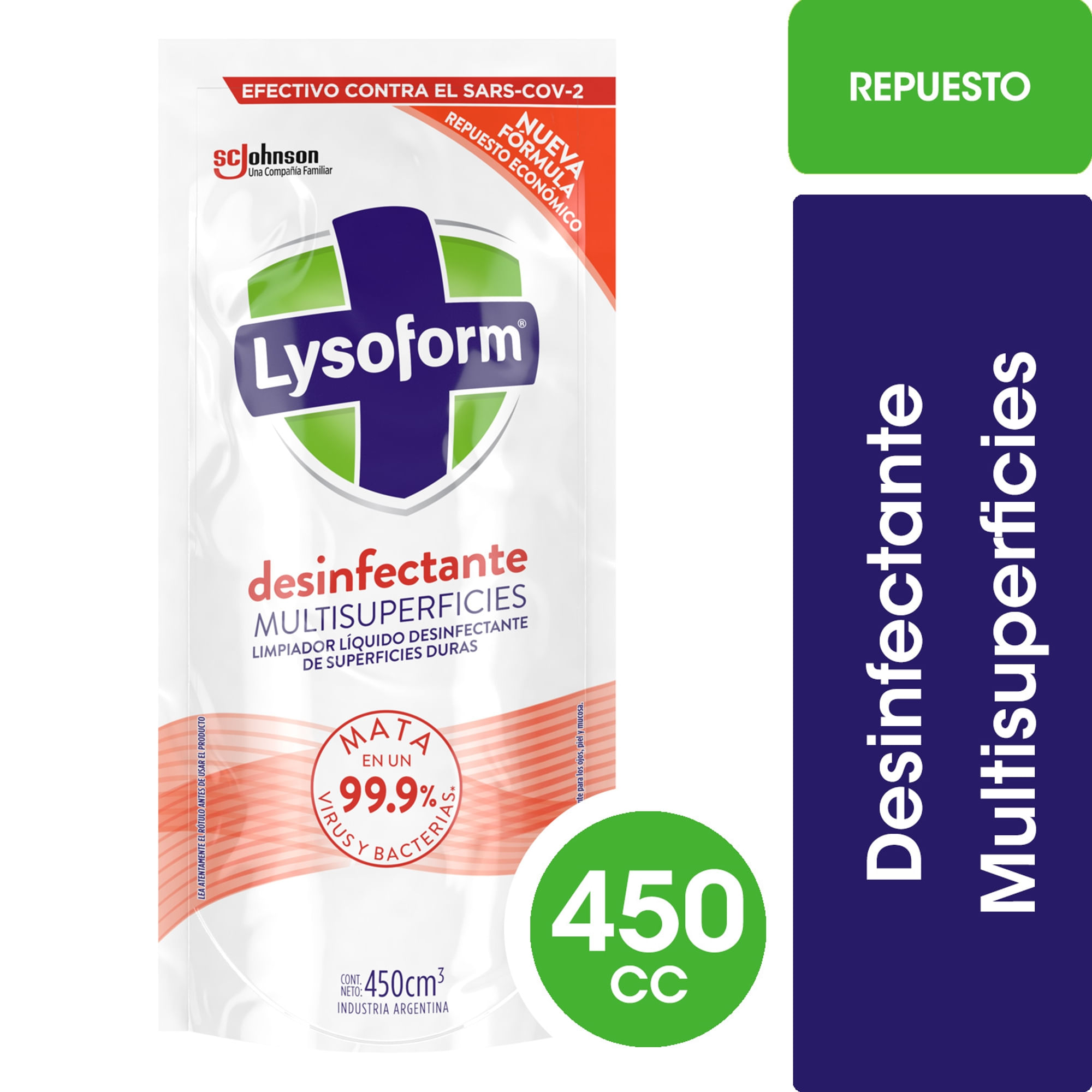 Limpiador líquido desinfectante Lysoform multisuperficies repuesto 450 ml.