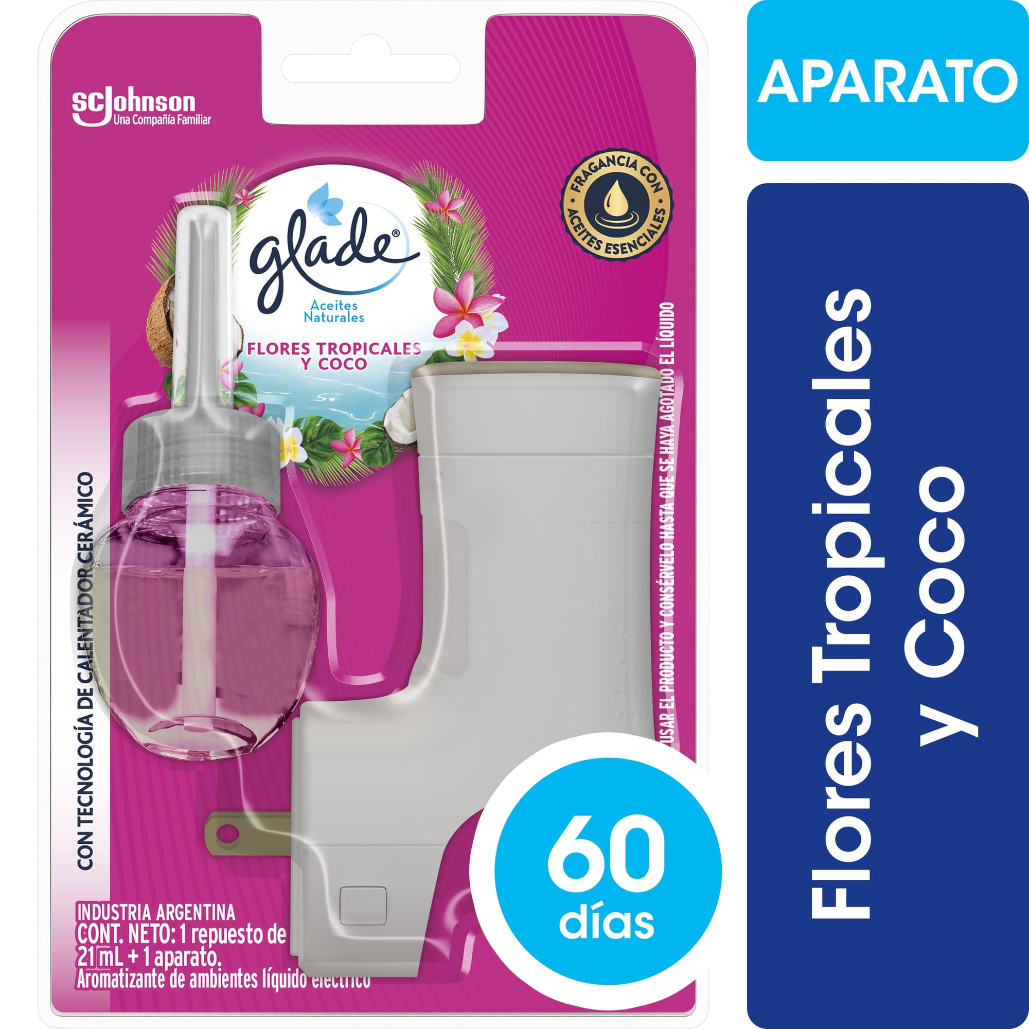 Aromatizante de ambientes Glade aceites naturales Flores tropicales y Coco Aparato + Repuesto 21 ml