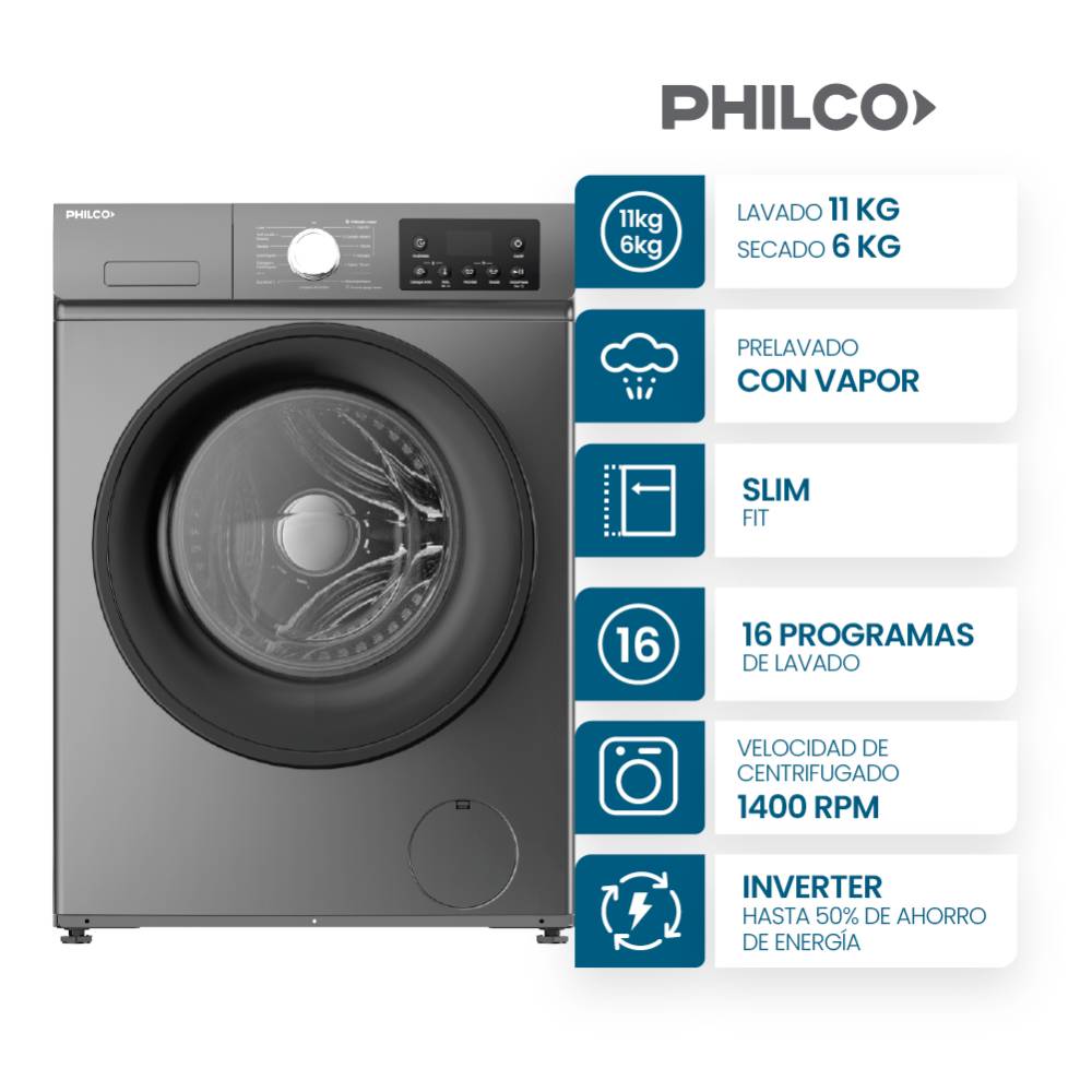 Lavasecarropas Philco 11/6 Kg Carga Frontal Inverter Gris Phls116-7gn