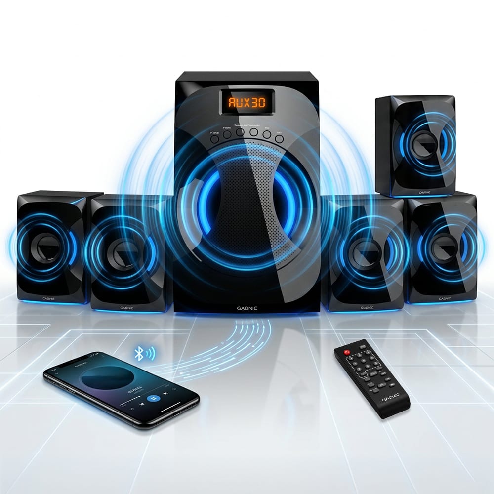Home Theater Gadnic Sistema De Altavoces Multimedia 51 Bluetooth Con Subwoofer Amplificado 45w Control Remoto Radio Fm Rca Para Tv Pc Y Reproductores