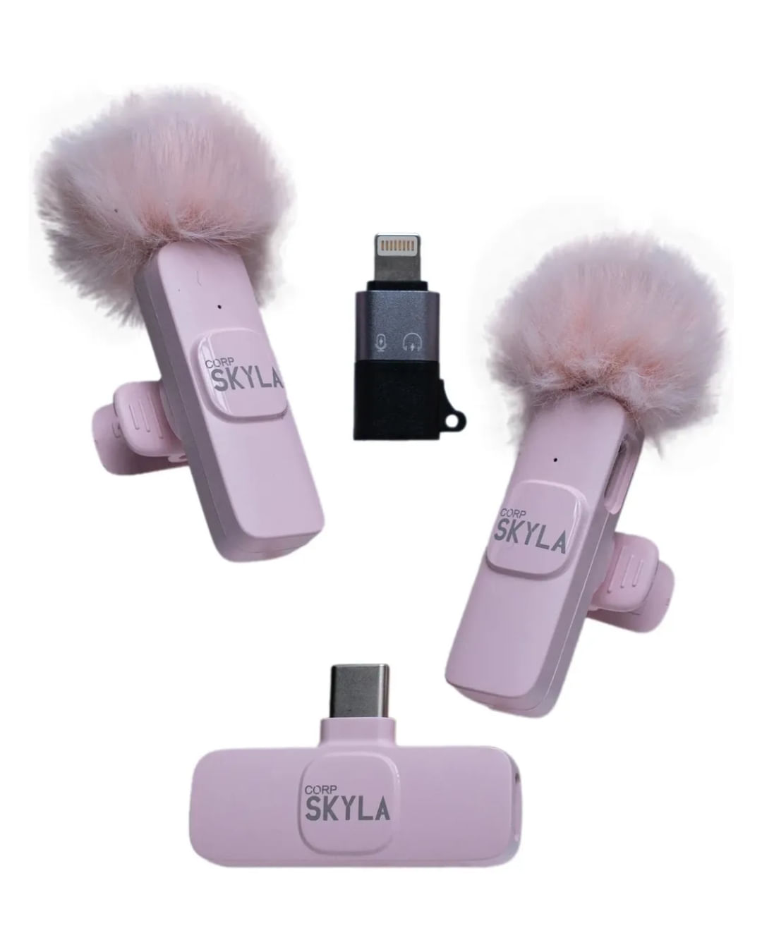 Micrófono corbatero inalámbrico doble con receptor USB-C y adaptador Lightning color rosa